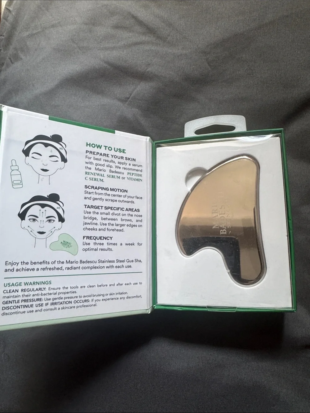 Mario Badescu Stainless Steel Gua Sha - Silver and Green Packaging